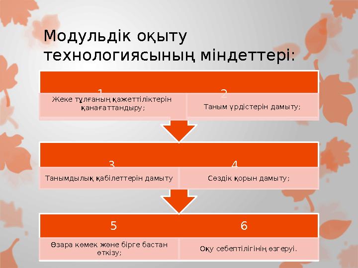 Модульдік оқыту технологиясының міндеттері: 5 6 Өзара көмек және бірге бастан өткізу; Оқу себ