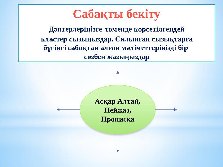 Сабақты бекіту Дәптерлеріңізге төменде көрсетілгендей кластер сызыңыздар. Салынған сызықтарға бүгінгі сабақтан алған мәліметте