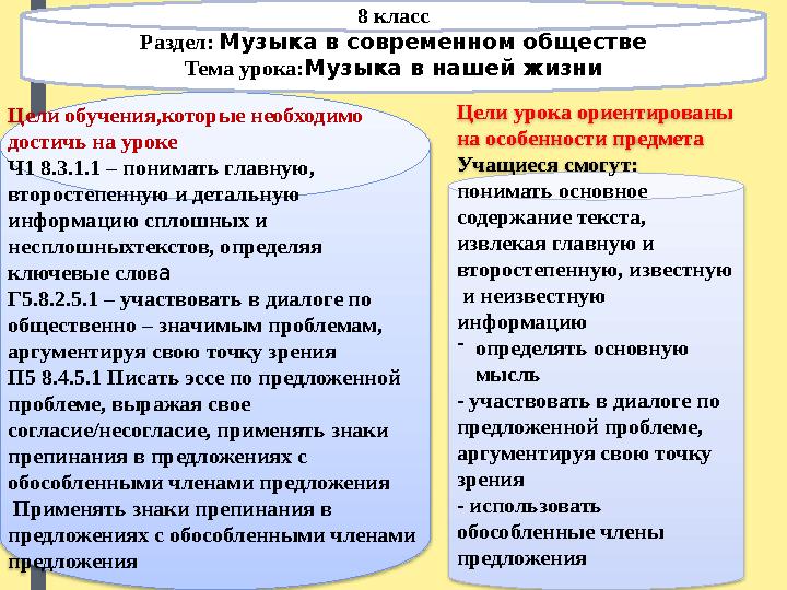 Цели обучения,которые необходимо достичь на уроке Ч1 8.3.1.1 – понимать главную, второстепенную и детальную информацию сплош