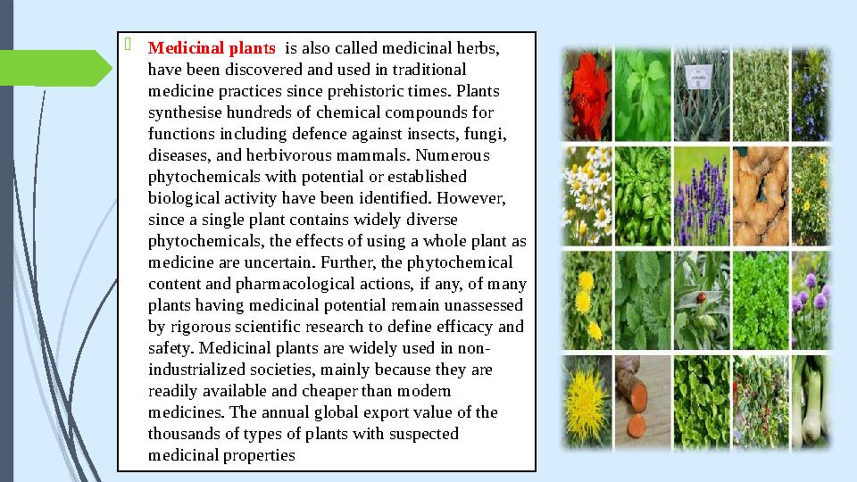  Medicinal plants is also called medicinal herbs, have been discovered and used in traditional medicine practices since pre