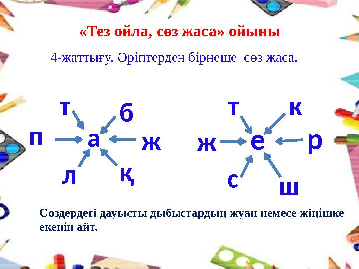 «Тез ойла, сөз жаса» ойыны 4-жаттығу. Әріптерден бірнеше сөз жаса. т а қб ж лп ет к ж р с ш Сөздердегі дауысты дыбыстардың жуан