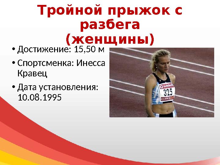 Тройной прыжок с разбега (женщины) • Достижение: 15,50 м • Спортсменка: Инесса Кравец • Дата установления: 10.08.1995