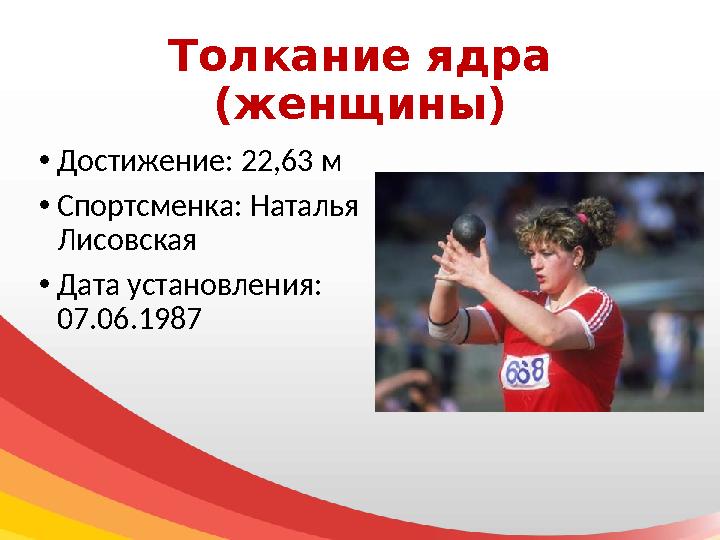 Толкание ядра (женщины) • Достижение: 22,63 м • Спортсменка: Наталья Лисовская • Дата установления: 07.06.1987