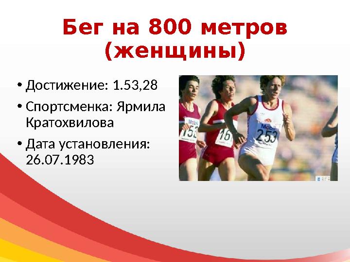 Бег на 800 метров (женщины) • Достижение: 1.53,28 • Спортсменка: Ярмила Кратохвилова • Дата установления: 26.07.1983