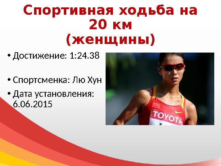 Спортивная ходьба на 20 км (женщины) • Достижение: 1:24.38 • Спортсменка: Лю Хун • Дата установления: 6.06.2015