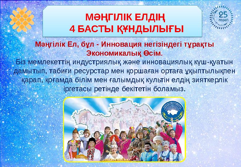 МӘҢГІЛІК ЕЛДІҢ 4 БАСТЫ ҚҰНДЫЛЫҒЫ Мәңгілік Ел, бұл - Инновация негізіндегі тұрақты Экономикалық Өсім . Біз мемлекеттің индустри