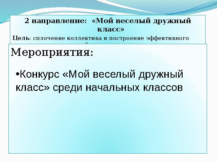 2 направление: «Мой веселый дружный класс» Цель : сплочение коллектива и построение эффективного командного взаимодействия.