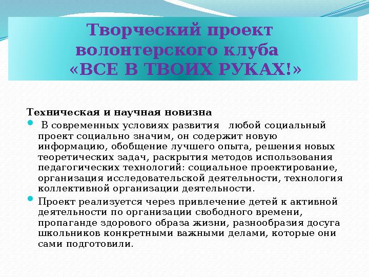 Техническая и научная новизна  В современных условиях развития любо й социальный проект социально значим, он содержит н