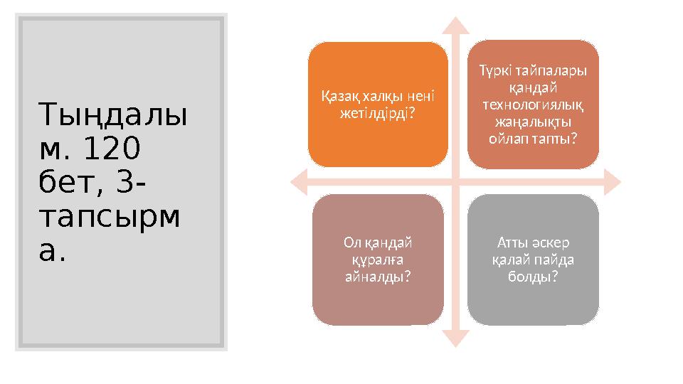 Тыңдалы м. 120 бет, 3- тапсырм а. Қазақ халқы нені жетілдірді? Түркі тайпалары қандай технологиялық жаңалықты ойлап тапты?