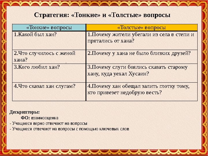 «Тонкие» вопросы «Толстые» вопросы 1.Какой был хан? 1.Почему жители убегали из села в степи и прятались от хана? 2.Что случилос