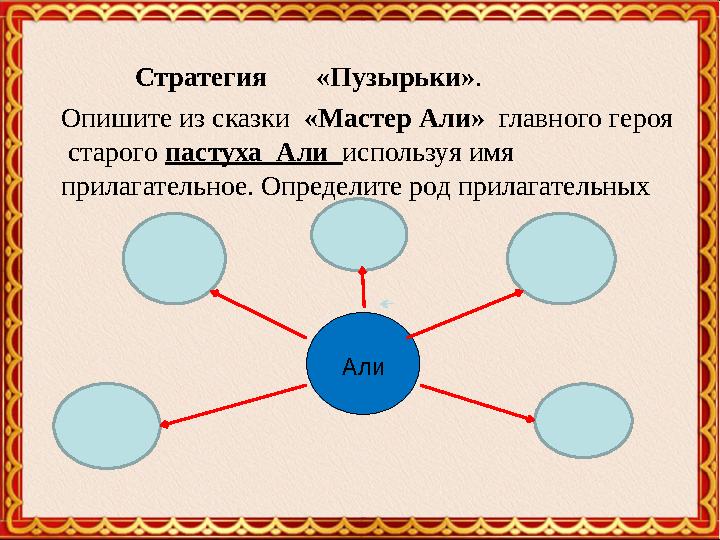 Стратегия «Пузырьки» . Опишите из сказки «Мастер Али» главного героя старого пастуха Али используя имя при