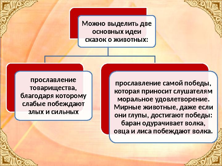 Можно выделить две основных идеи сказок о животных: прославление товарищества, благодаря которому слабые побеждают злых и