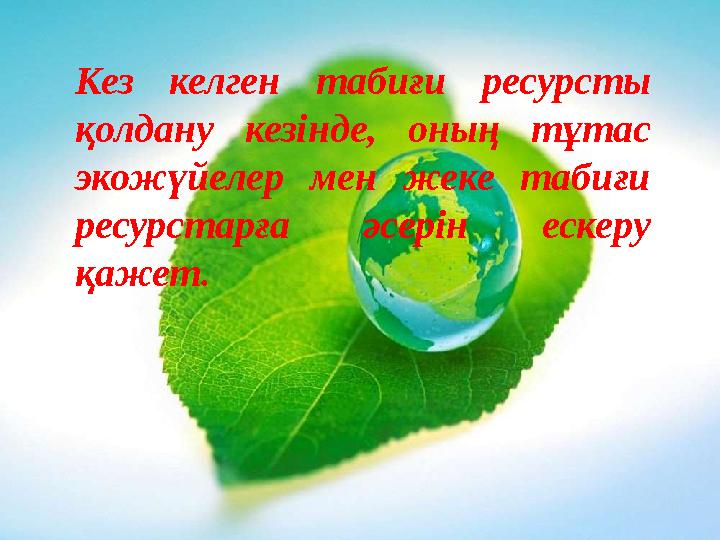 Кез келген табиғи ресурсты қолдану кезінде, оның тұтас экожүйелер мен жеке табиғи ресурстарға әсерін ескеру қажет