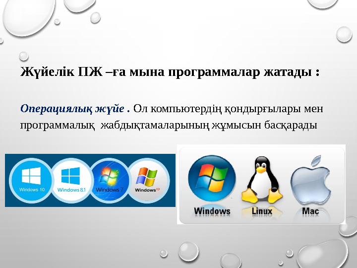 Жүйелік ПЖ –ға мына программалар жатады : Операциялық жүйе . Ол компьютердің қондырғылары мен программалық жабдықтамаларының