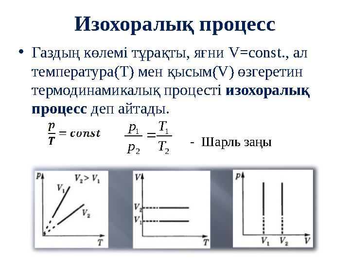 Изохоралық процесс • Газдың көлемі тұрақты, яғни V=const. , ал температура (T) мен қысым (V) өзгеретин термодинамикалық про