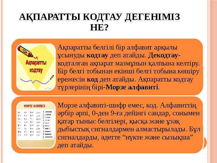 АҚПАРАТТЫ КОДТАУ ДЕГЕНІМІЗ НЕ? Ақпаратты белгілі бір алфавит арқылы ұсынуды кодтау деп атайды. Декодтау - кодталған ақпарат