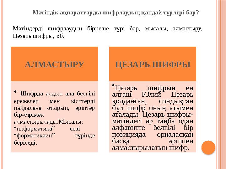 АЛМАСТЫРУ • Шифрда алдын ала белгілі ережелер мен кілттерді пайдалана отырып, әріптер бір-бірімен алмастырылады.Мыс