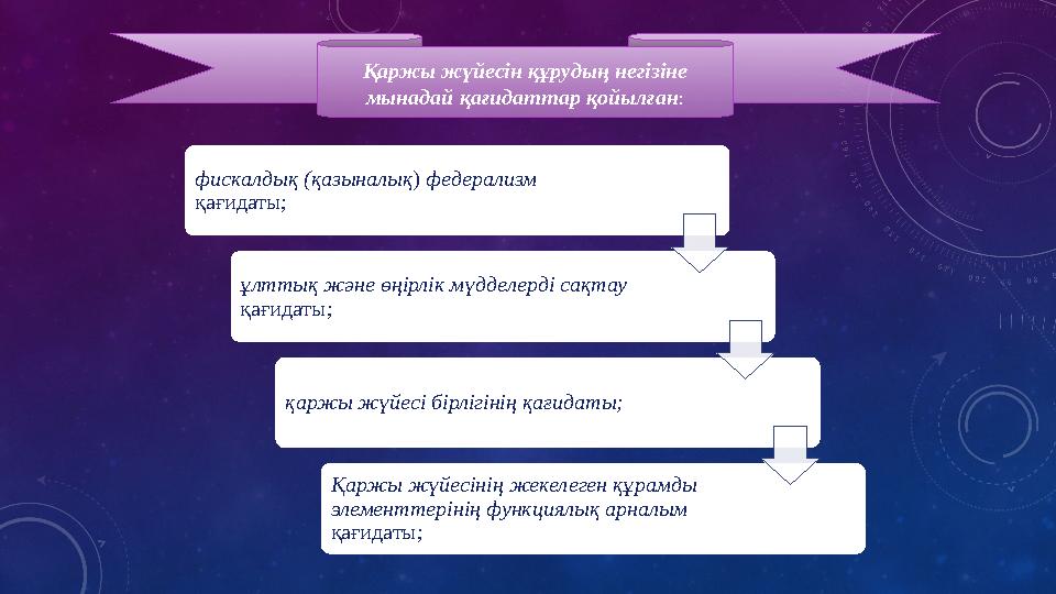 Қаржы жүйесін құрудың негізіне мынадай қағидаттар қойылған : фискалдық (қазыналық ) федерализм қағидаты; ұлттық және өңірлік