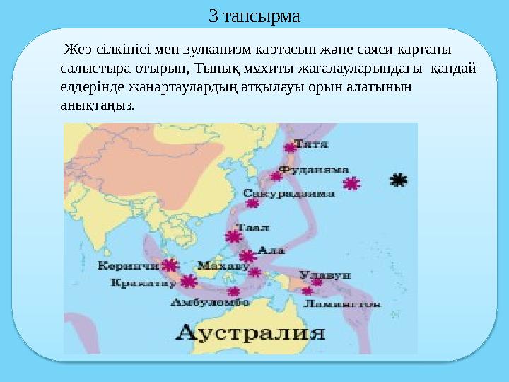 Картадағы жанартаулар 3 тапсырма Жер сілкінісі мен вулканизм картасын және саяси картаны салыстыра отырып, Тынық мұхиты