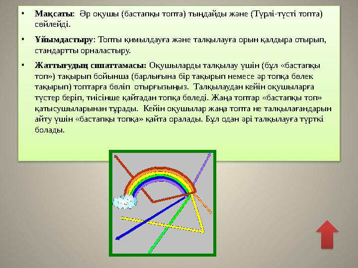 • Мақсаты : Әр оқушы (бастапқы топта) тыңдайды және (Түрлі-түсті топта) сөйлейді. • Ұйымдастыру : Топты қимылдауға және талқ