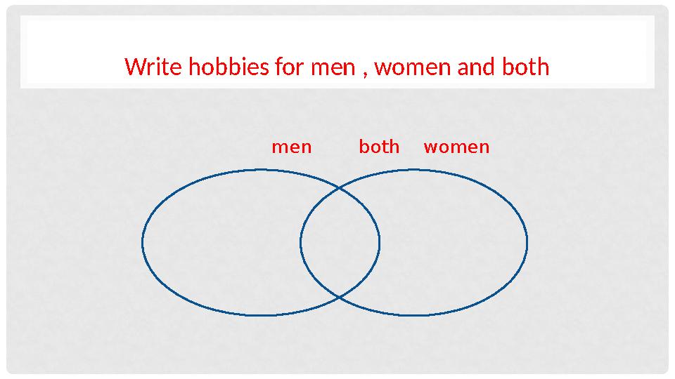 Write hobbies for men , women and both men both women