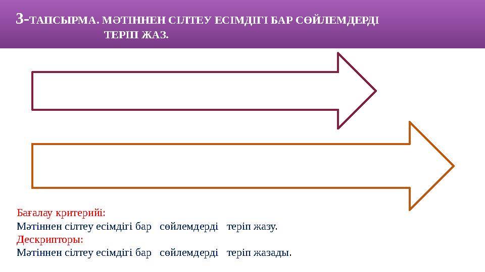 3- ТАПСЫРМА. МӘТІННЕН СІЛТЕУ ЕСІМДІГІ БАР СӨЙЛЕМДЕРДІ ТЕРІП ЖАЗ. Бағалау критерийі: