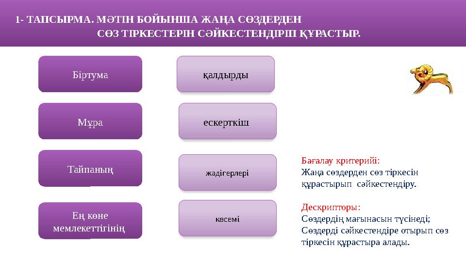 1- ТАПСЫРМА. МӘТІН БОЙЫНША ЖАҢА СӨЗДЕРДЕН СӨЗ ТІРКЕСТЕРІН СӘЙКЕСТЕНДІРІП ҚҰРАСТЫР. Бірт