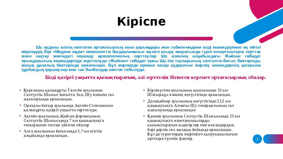 3Кіріспе Шу ауданы өзінің көптеген ортағасырлық көне қорымдары мен табиғи-мәдени елді мекендерімен
