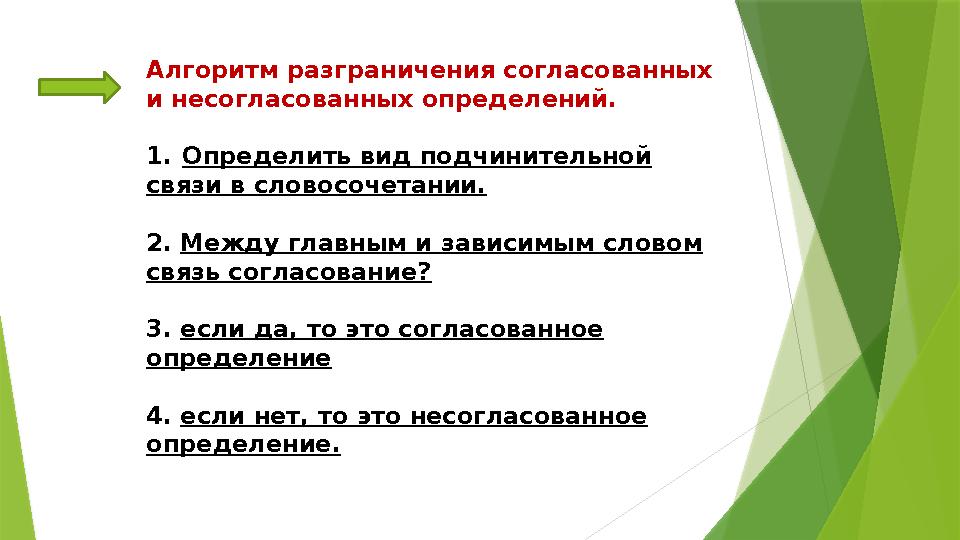 Алгоритм разграничения согласованных и несогласованных определений. 1. Определить вид подчинительной связи в словосочетании. 2