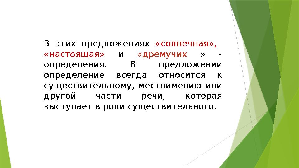 В этих предложениях «солнечная», «настоящая» и «дремучих » - определения. В предложении определение всегда относ