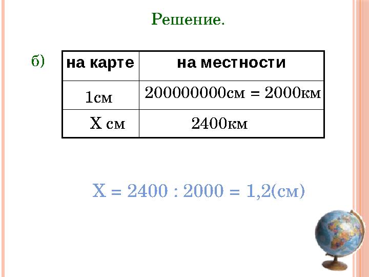 Решение. б) на карте на местности Х = 2400 : 2000 = 1,2(см)1см Х см 200000000см = 2000км 2400км