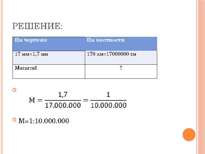 РЕШЕНИЕ:   М=1:10.000.000На чертеже На местности 17 мм=1,7 мм 170 км=17000000 см Масштаб ?