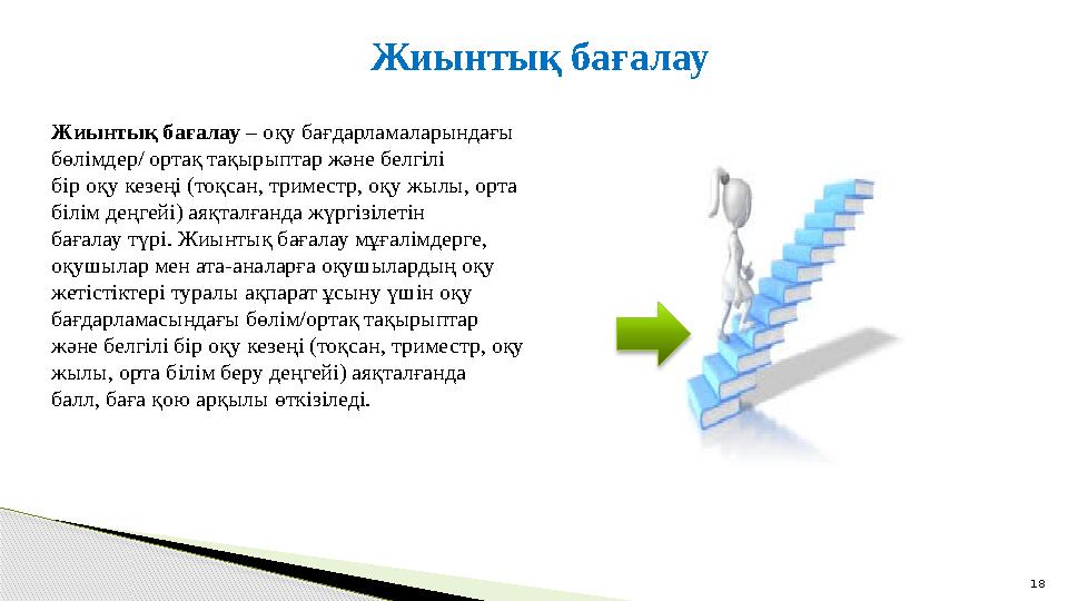 Жиынтық бағалау 18 Жиынтық бағалау – оқу бағдарламаларындағы бөлімдер/ ортақ тақырыптар және белгілі бір оқу кезеңі (тоқсан,