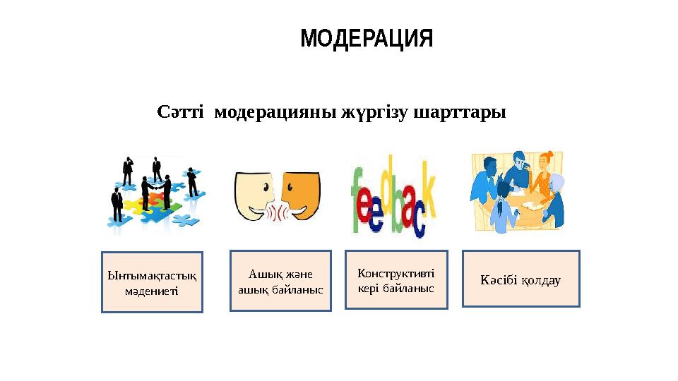 Сәтті модерацияны жүргізу шарттары Ынтымақтастық мәдениеті Ашық және ашық байланыс Конструктивті кері байланыс Кәсібі қолдау