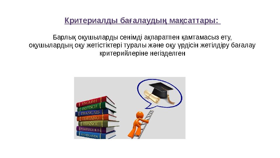 Критериалды бағалаудың мақсаттары: Барлық оқушыларды сенімді ақпаратпен қамтамасыз ету, оқушылардың оқу жетістіктері туралы жән