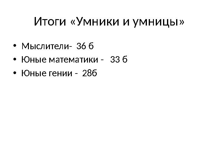 Итоги «Умники и умницы» • Мыслители- 36 б • Юные математики - 33 б • Юные гении - 28б