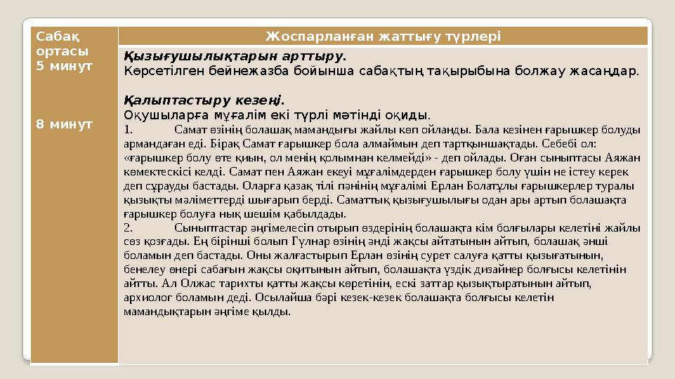 Сабақ ортасы 5 минут 8 минут Жоспарланған жаттығу түрлері Қызығушылықтарын арттыру. Көрсетілген бейнежазба бойынша сабақтың та
