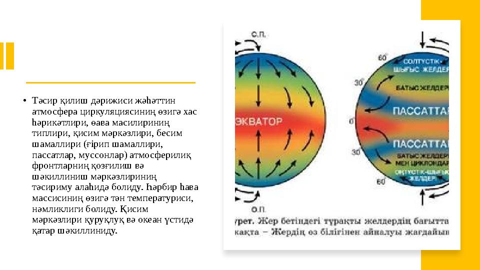 • Тәсир қилиш дәрижиси жәһәттин атмосфера циркуляциясиниң өзигә хас һәрикәтлири, өава масилириниң типлири, қисим мәркәзлири,