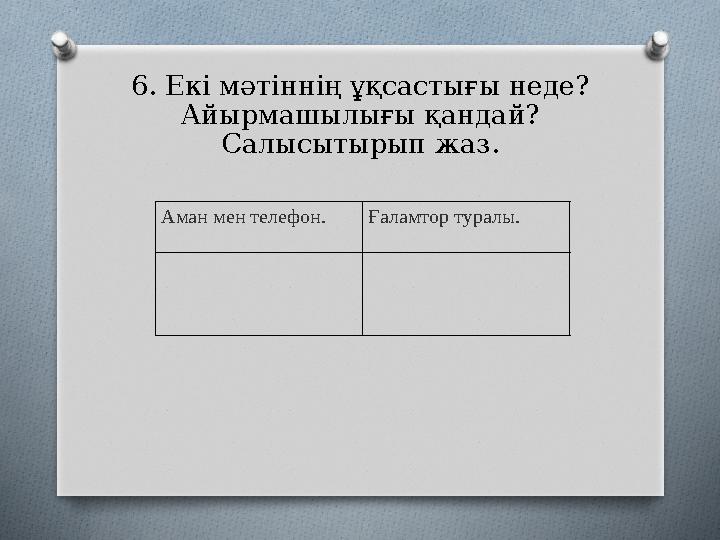 6. Екі мәтіннің ұқсастығы неде? Айырмашылығы қандай? Салысытырып жаз. Аман мен телефон. Ғаламтор туралы.