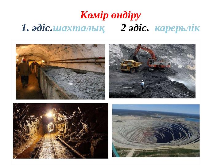 Көмір өндіру 1. әдіс. шахталық 2 әдіс. карерьлік