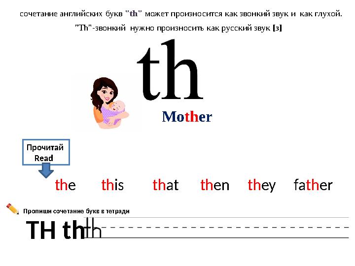 сочетание английских букв "th" может произносится как звонкий звук и как глухой . "Th"-звонкий нужно произносить как русски