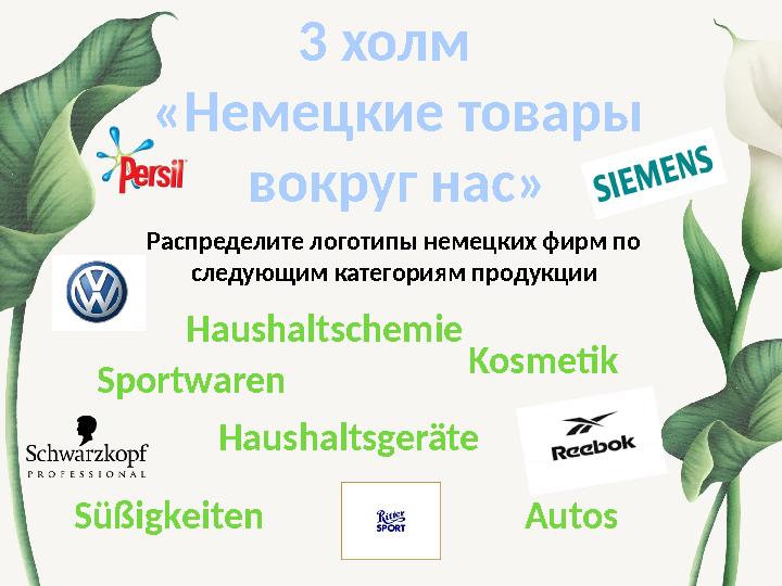 3 холм « Немецкие товары вокруг нас» Распределите логотипы немецких фирм по следующим категориям продукции AutosKosmetikHaus