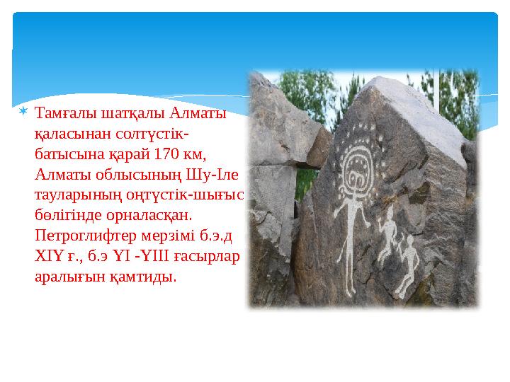  Тамғалы шатқалы Алматы қаласынан солтүстік- батысына қарай 170 км, Алматы облысының Шу-Іле тауларының оңтүстік-шығыс бөліг
