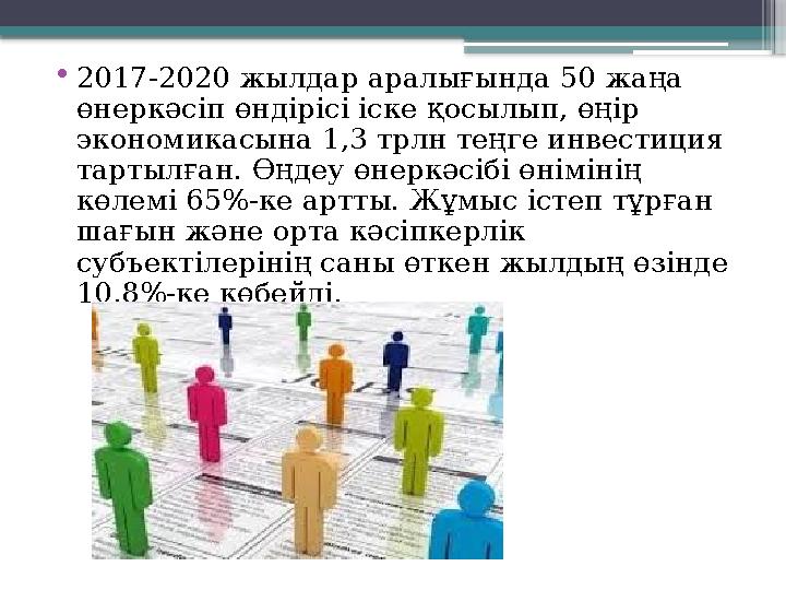 • 2017-2020 жылдар аралығында 50 жаңа өнеркәсіп өндірісі іске қосылып, өңір экономикасына 1,3 трлн теңге инвестиция тартылған