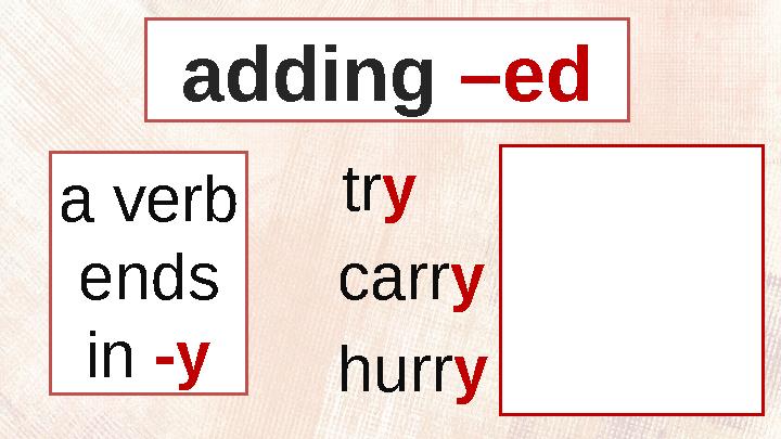 tr y - tr i ed carr y - carr i ed hurr y - hurr i edadding –ed a verb ends in -y