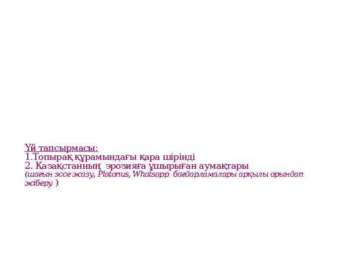 Үй тапсырмасы: 1.Топырақ құрамындағы қара шірінді 2. Қазақстанның эрозияға ұшырыған аумақтары (шағын эссе жазу, Platonus, Wha