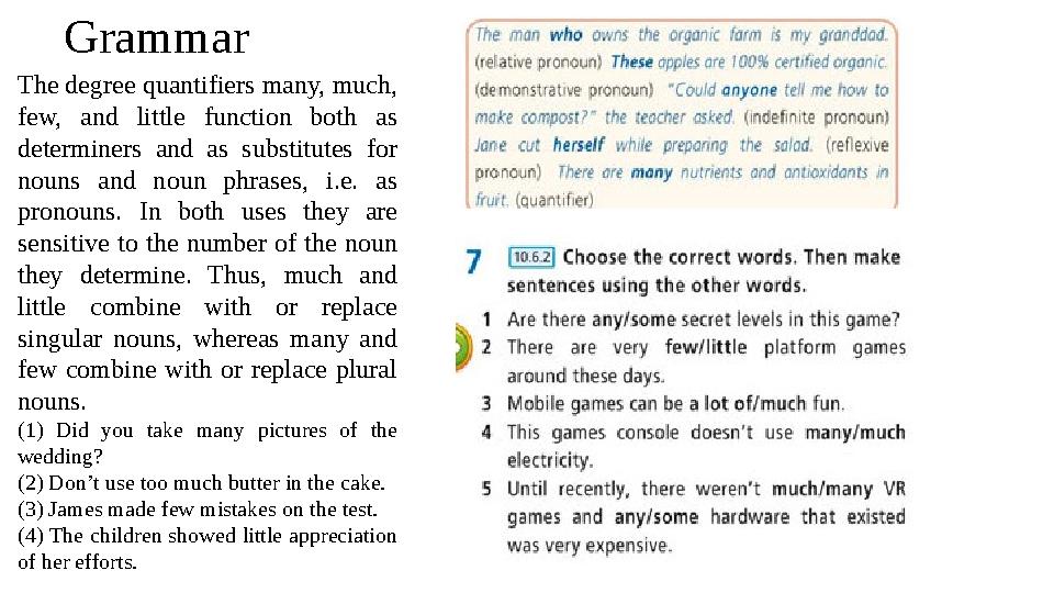 Grammar The degree quantifiers many, much, few, and little function both as determiners and as substitutes for nouns