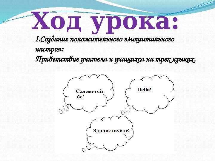 Ход урока: I. Создание положительного эмоционального настроя: Приветствие учителя и учащихся на трех языках.