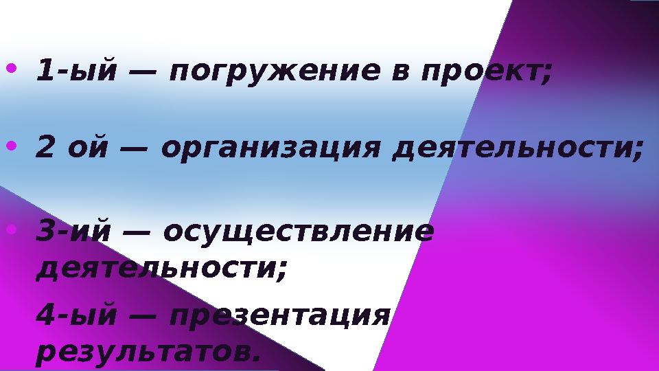 • 2 ой — организация деятельности; • 3-ий — осуществление деятельности; • 4-ый — презентация результатов.• 1-ый — погружение в