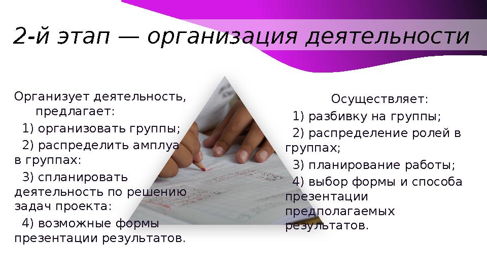 Организует деятельность, предлагает: 1) организовать группы; 2) распределить амплуа в группах: 3) спланировать деятельность п